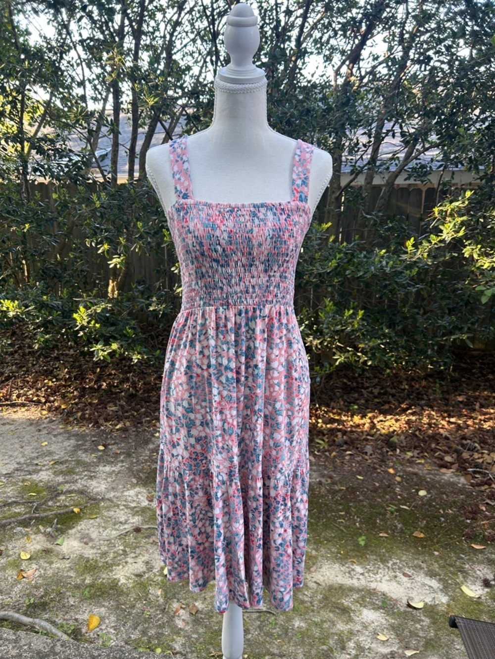 Loft Smocked Floral Midi Sundress in Pink and Blue